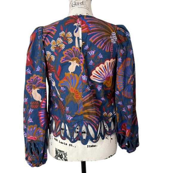 Farm Rio Anthropologie Cutwork Blouse Scalloped-Hem Balloon-Sleeve Top Women XXS - Picture 4 of 9